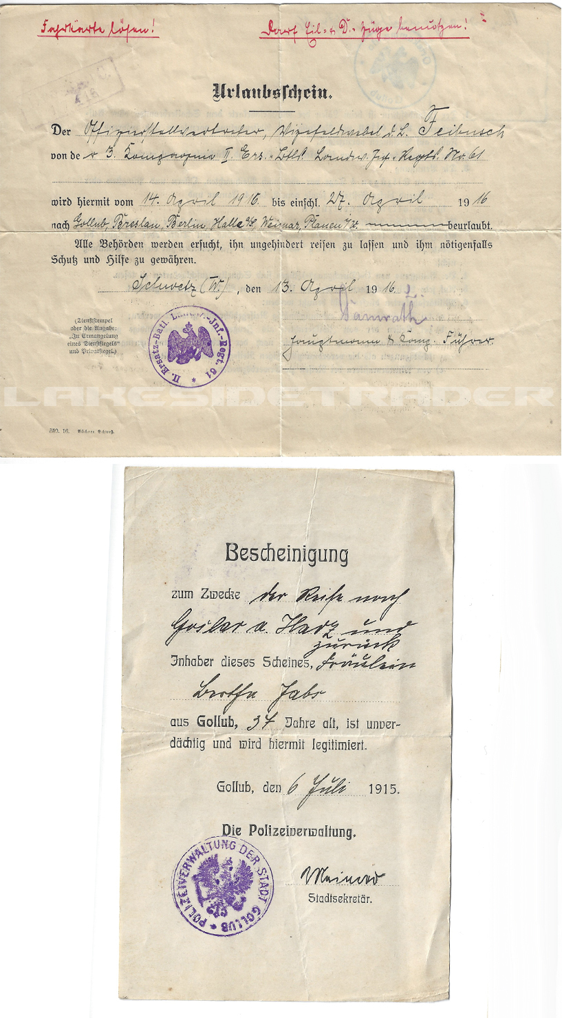 WWI Imperial German Military Leave Documents