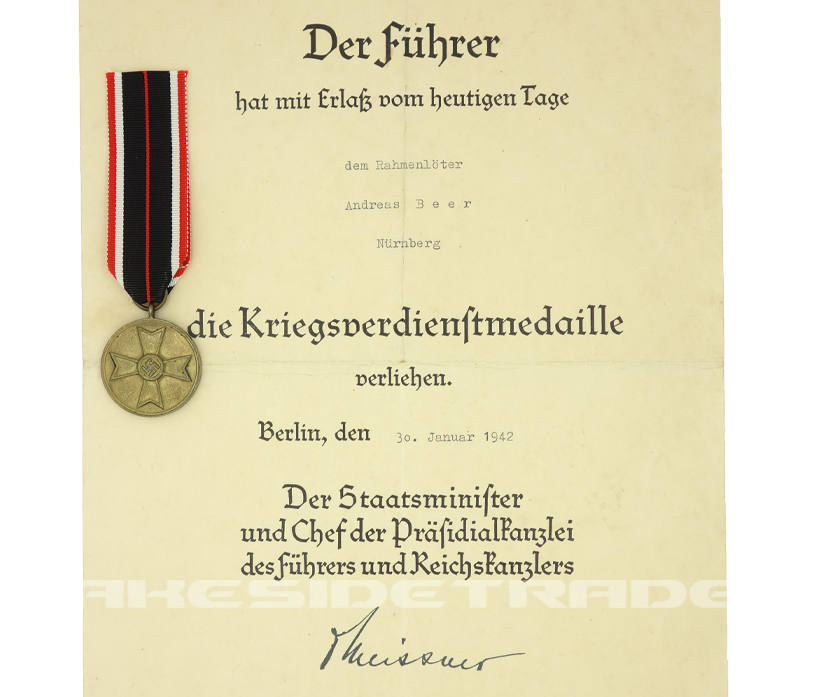 1939 War Merit Medal & Award Document