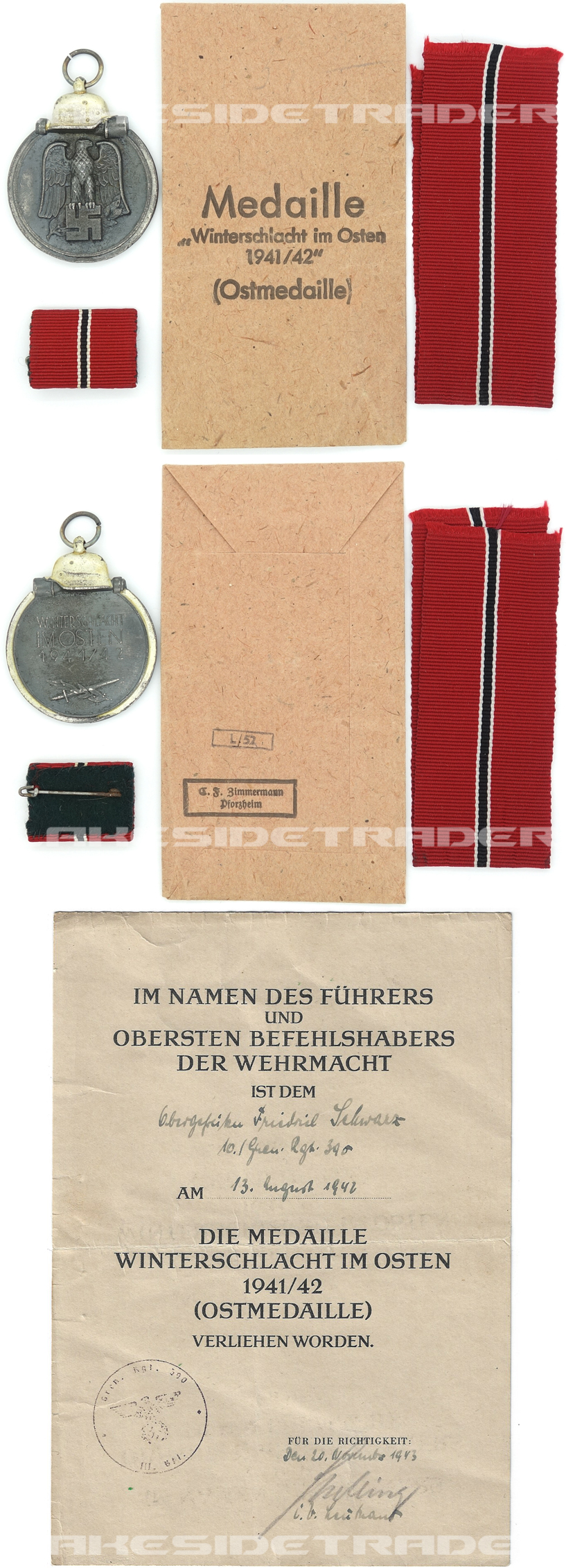 Eastern Front Medal, Packet, Ribbon Bar & Award Document