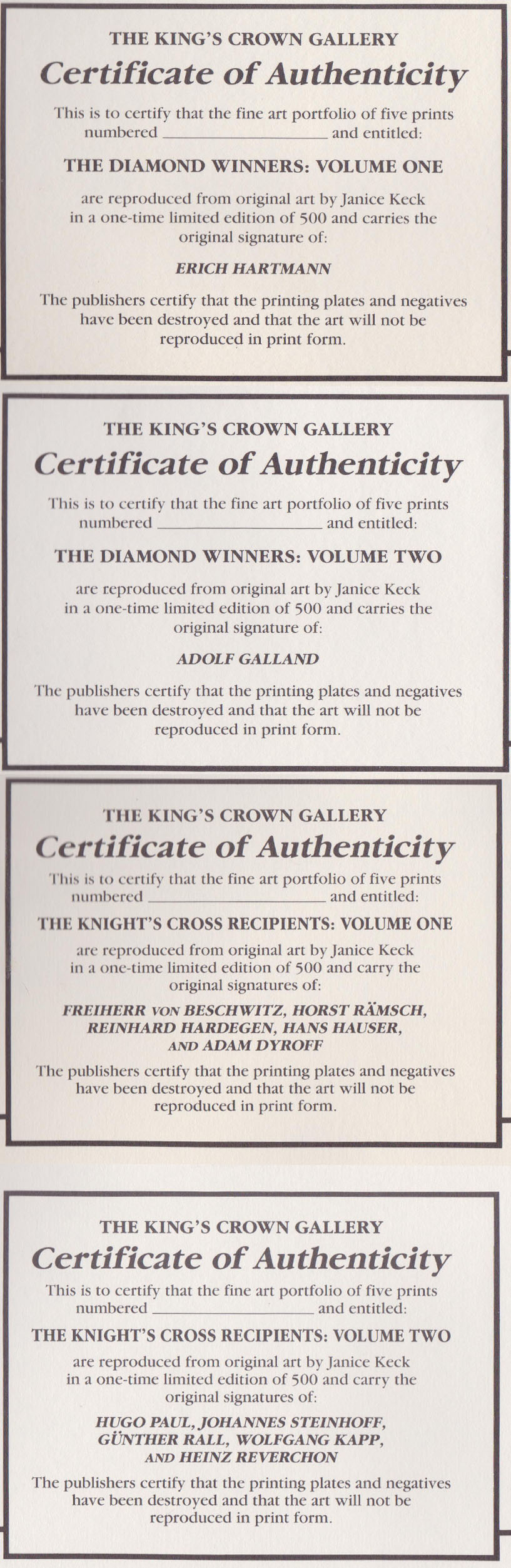 12 Original Knight's Cross signatures w Prints