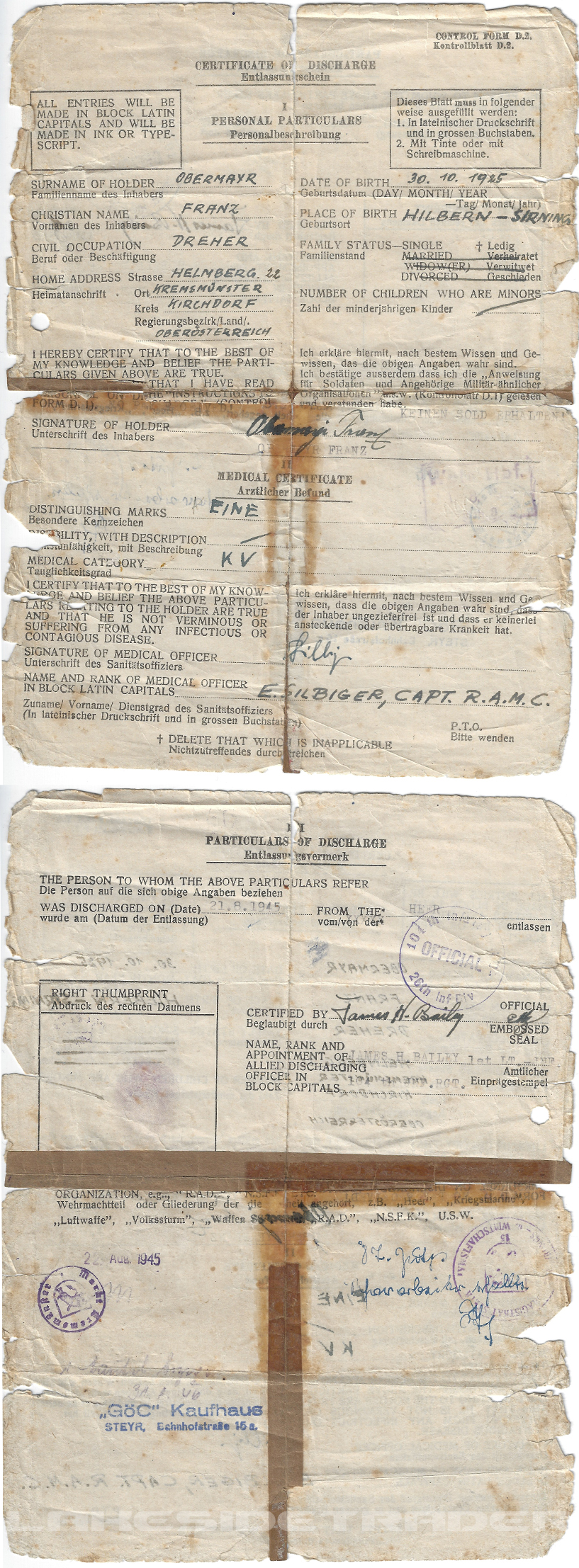 Dicharge Papers for Franz Obermayer